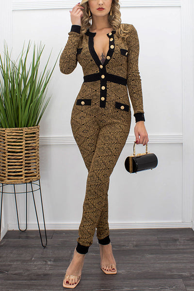 Gold Thread Button Up Bodycon Jumpsuit