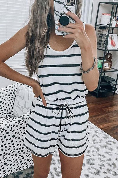 Pockets Drawstring Stripe Romper - girlyrose.com