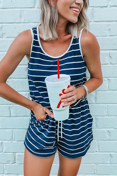 Pockets Drawstring Stripe Romper - girlyrose.com