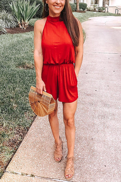 Solid Sleeveless Open Back Romper