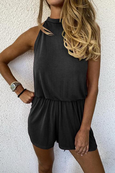 Solid Sleeveless Open Back Romper