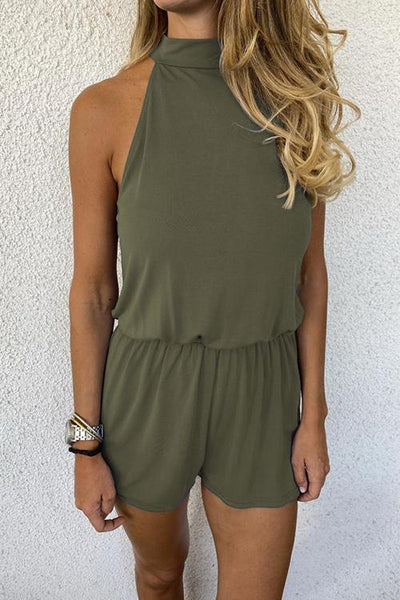 Solid Sleeveless Open Back Romper