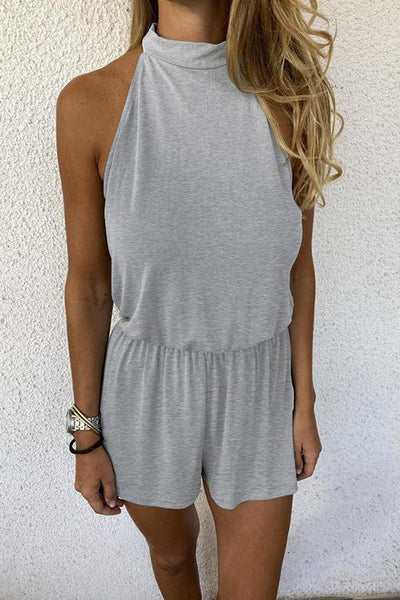 Solid Sleeveless Open Back Romper