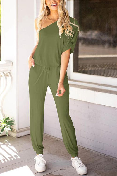 One Shoulder Drawstring Jumpsuits - girlyrose.com