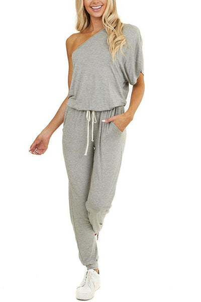 One Shoulder Drawstring Jumpsuits - girlyrose.com