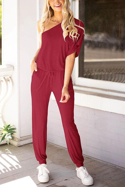 One Shoulder Drawstring Jumpsuits - girlyrose.com