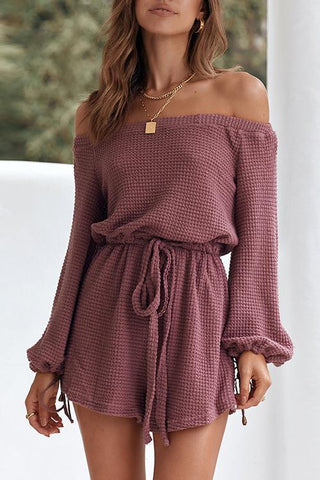 Off Shoulder Drawstring Long Sleeve Romper - girlyrose.com