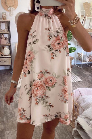 Floral Print Halter Neck Sleeveless Mini Dress - girlyrose.com