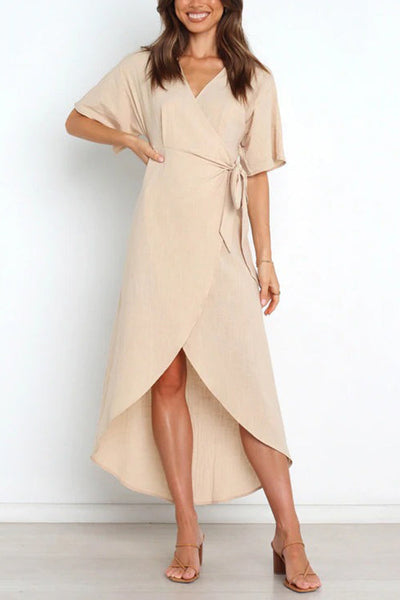 Solid V Neck Tulip Wrap Dress