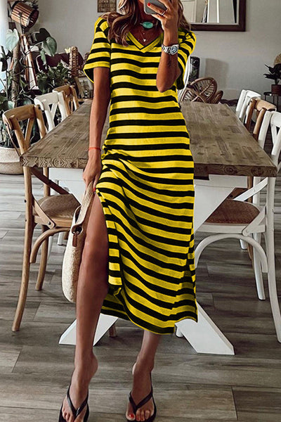 Stripe V Neck Slit Maxi Dress