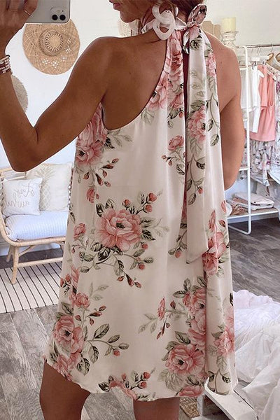 Floral Print Halter Neck Sleeveless Mini Dress - girlyrose.com