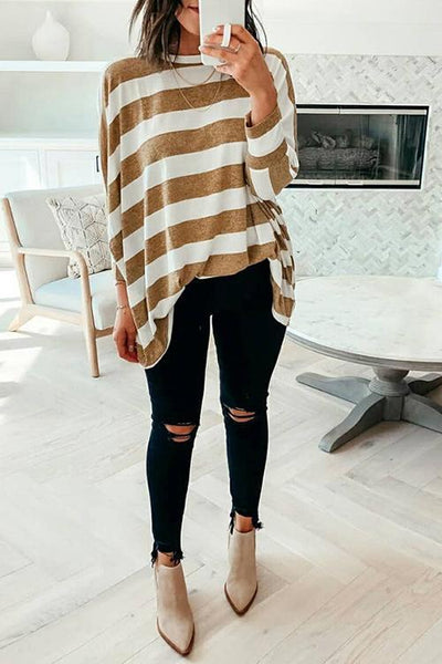 Stripe O Neck Bat Blouse