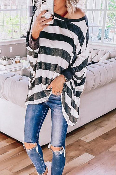 Stripe O Neck Bat Blouse