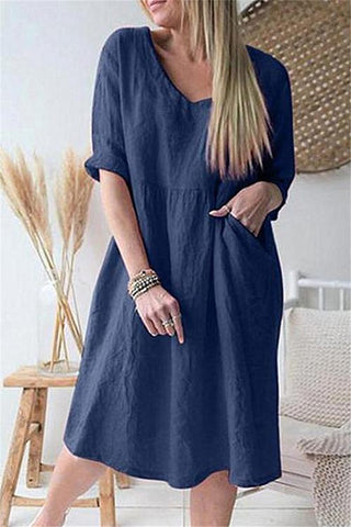 Solid V Neck Pockets Dress - girlyrose.com