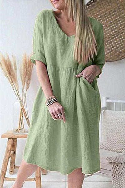 Solid V Neck Pockets Dress - girlyrose.com