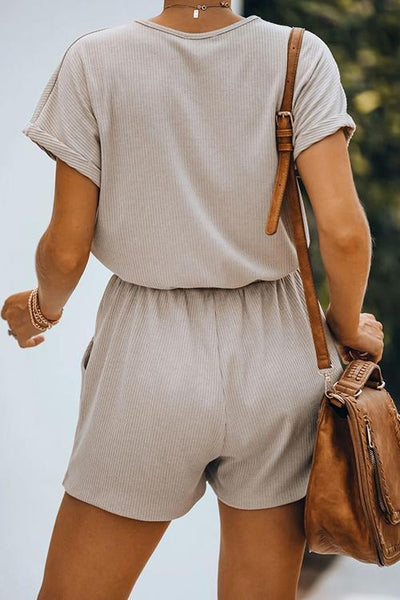 V Neck Pockets Drawstring Romper - girlyrose.com