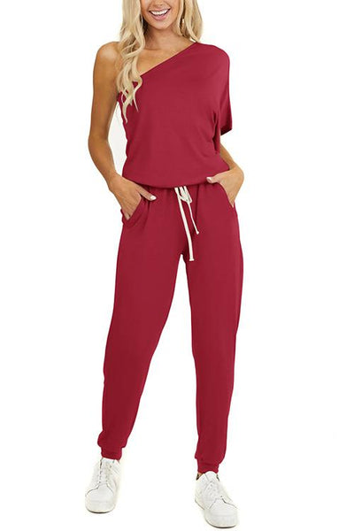 One Shoulder Drawstring Jumpsuits - girlyrose.com