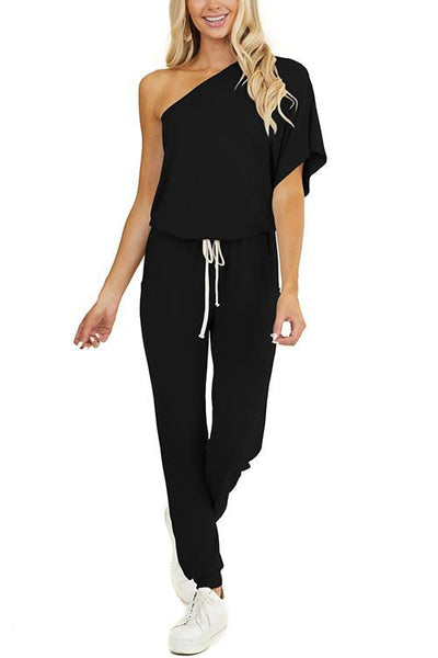 One Shoulder Drawstring Jumpsuits - girlyrose.com