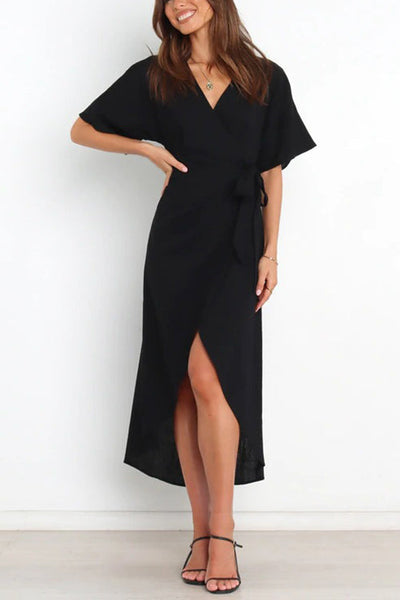 Solid V Neck Tulip Wrap Dress