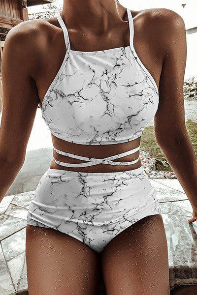 Marbling Halter Neck Backless Bikini Set