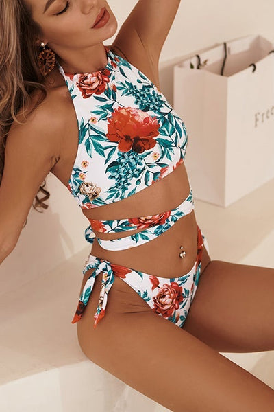 Floral Halter Neck Backless Bikini Set