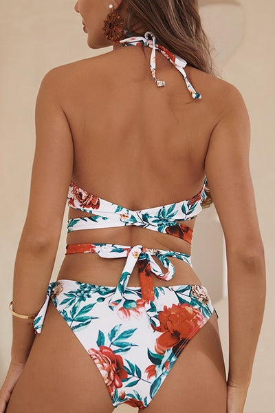 Floral Halter Neck Backless Bikini Set