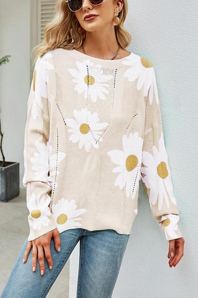 Floral Print Crew Neck Loose Sweater - girlyrose.com