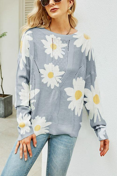 Floral Print Crew Neck Loose Sweater - girlyrose.com