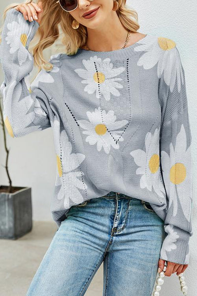 Floral Print Crew Neck Loose Sweater - girlyrose.com