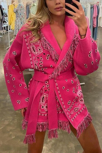 Paisley Print Tassels Belted Cardigan