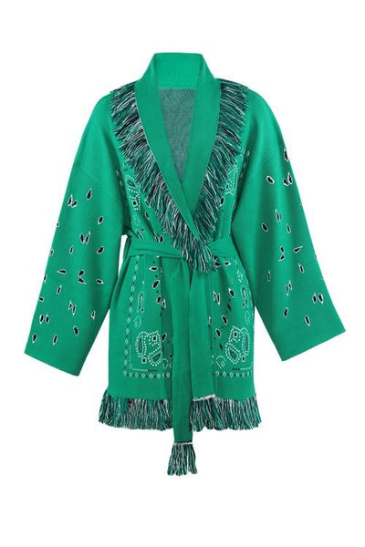 Paisley Print Tassels Belted Cardigan