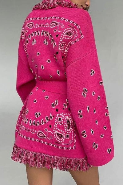 Paisley Print Tassels Belted Cardigan