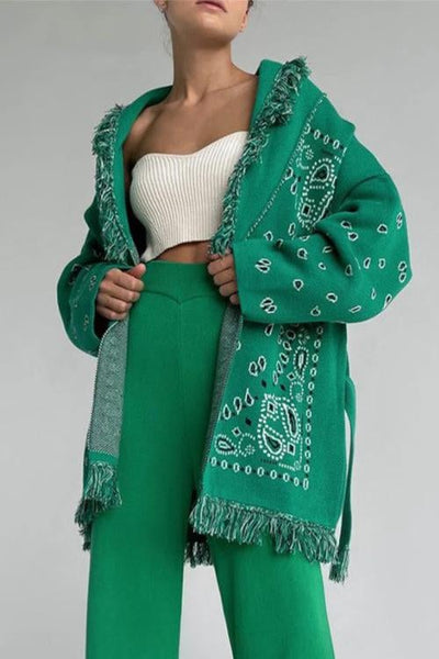 Paisley Print Tassels Belted Cardigan