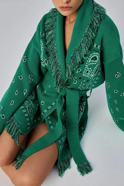 Paisley Print Tassels Belted Cardigan