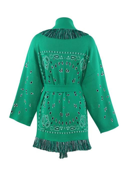 Paisley Print Tassels Belted Cardigan