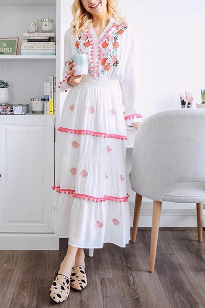 Embroidery Pom Pom Maxi Dress - girlyrose.com