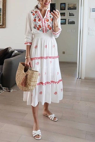 Embroidery Pom Pom Maxi Dress - girlyrose.com