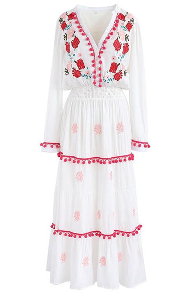 Embroidery Pom Pom Maxi Dress - girlyrose.com