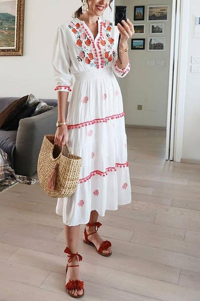 Embroidery Pom Pom Maxi Dress - girlyrose.com