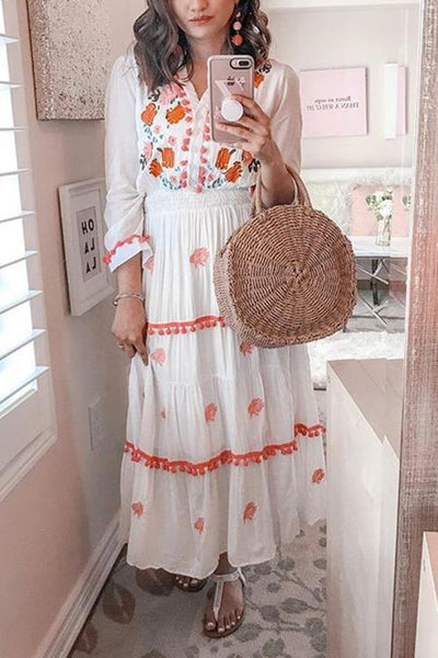 Embroidery Pom Pom Maxi Dress - girlyrose.com