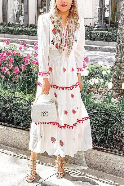 Embroidery Pom Pom Maxi Dress - girlyrose.com