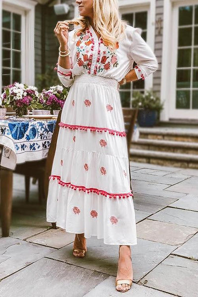 Embroidery Pom Pom Maxi Dress - girlyrose.com