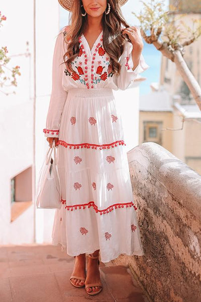 Embroidery Pom Pom Maxi Dress - girlyrose.com