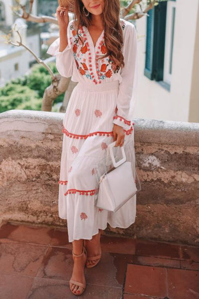 Embroidery Pom Pom Maxi Dress - girlyrose.com