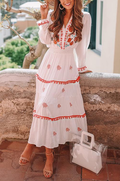 Embroidery Pom Pom Maxi Dress - girlyrose.com