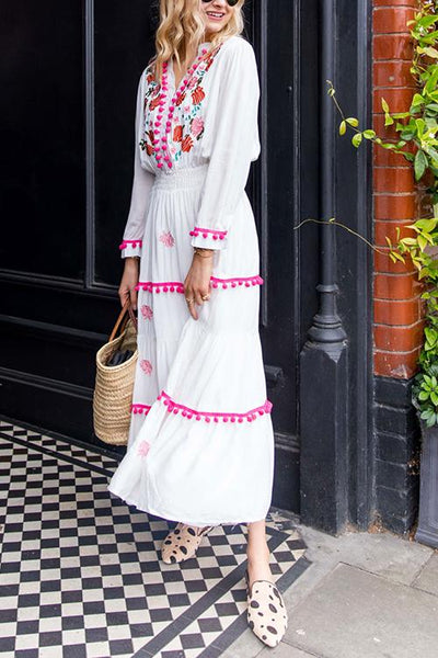 Embroidery Pom Pom Maxi Dress - girlyrose.com