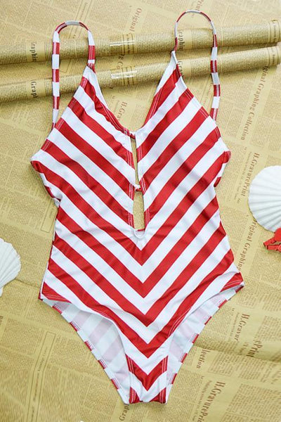 Red White Stripe Backless One-piece Swimwear - girlyrose.com