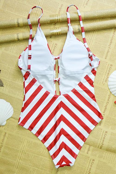 Red White Stripe Backless One-piece Swimwear - girlyrose.com