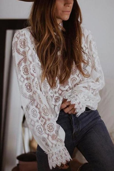 Lace Hollow Puff Sleeve T Shirt