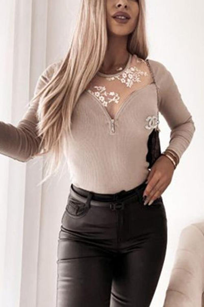 Lace Zipper Long Sleeve T Shirt